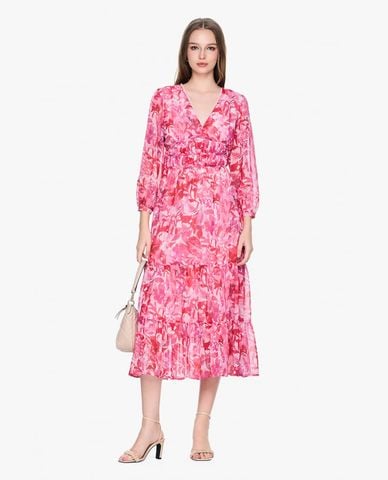  GIGI - Đầm midi cổ V tay dài phối hoạ tiết hoa nữ tính 