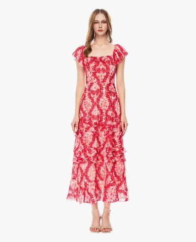  GIGI - Đầm xếp tầng midi cổ vuông phối bèo 