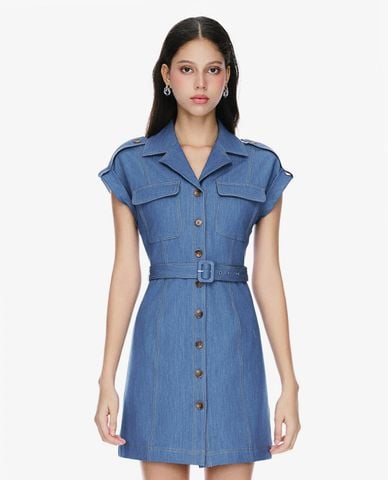  GIGI - Đầm denim mini cổ bẻ tay ngắn phối thắt lưng 