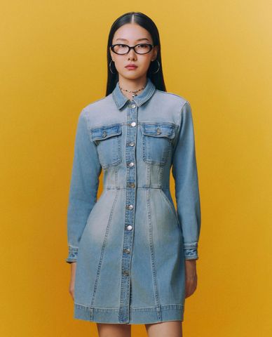  GIGI - Đầm denim mini cổ bẻ tay dài hiện đại 