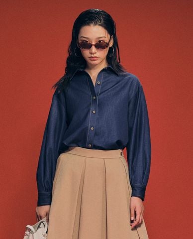  GIGI - Áo sơ mi denim nữ cổ bẻ tay dài thanh lịch 