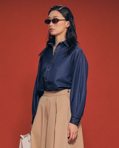  GIGI - Áo sơ mi denim nữ cổ bẻ tay dài thanh lịch 
