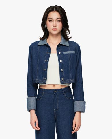  GIGI - Áo khoác denim nữ cổ bẻ tay dài phom croptop 