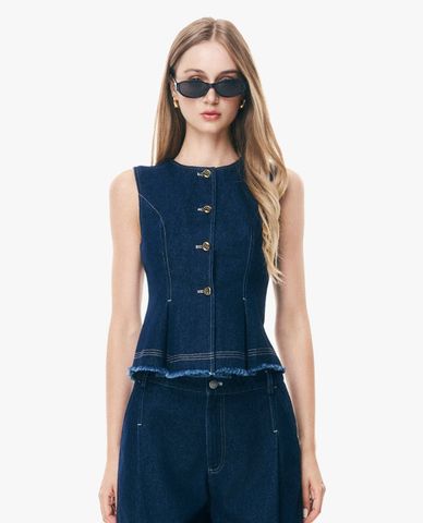  GIGI - Áo sát nách nữ chiết eo cài khuy viền tua rua 