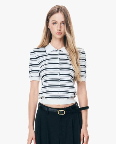  GIGI - Áo polo nữ dệt kim tay ngắn kẻ sọc phối khuy 