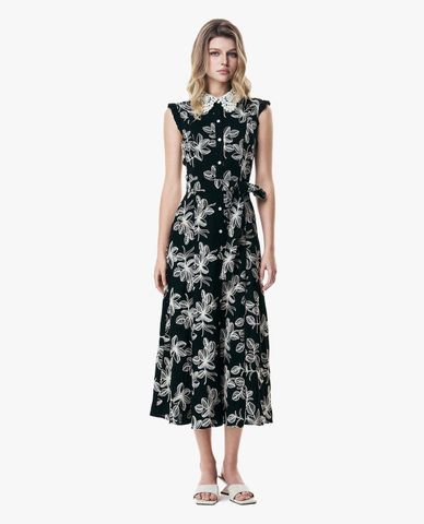 GIGI - Đầm sát nách midi cổ ren in hoa thắt eo 