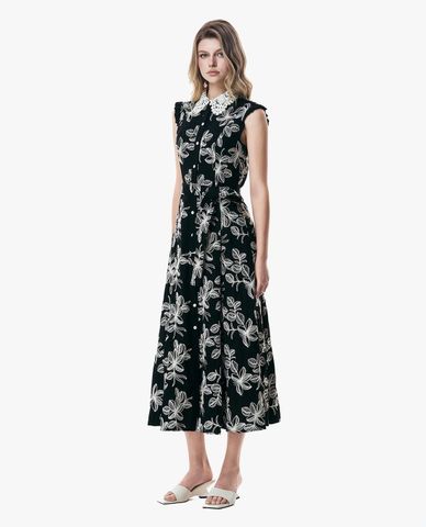  GIGI - Đầm sát nách midi cổ ren in hoa thắt eo 