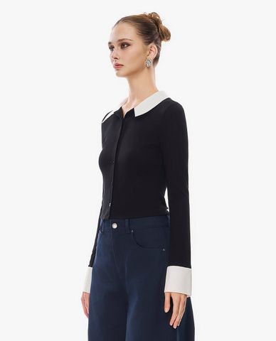  GIGI - Áo dệt kim nữ cổ bẻ tay dài phom ôm 