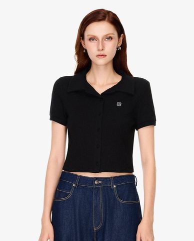  GIGI - Áo dệt kim nữ cổ bẻ tay ngắn phom croptop 