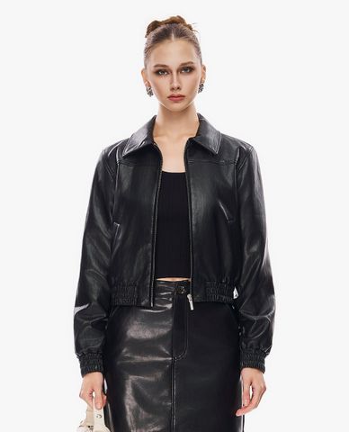  GIGI - Áo khoác da nữ cổ bẻ tay dài phối khóa zip 