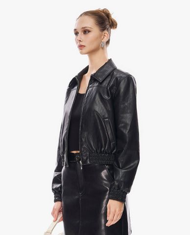  GIGI - Áo khoác da nữ cổ bẻ tay dài phối khóa zip 