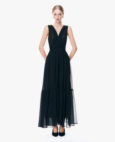  GIGI - Đầm sát nách maxi cổ V viền ren xếp tầng 
