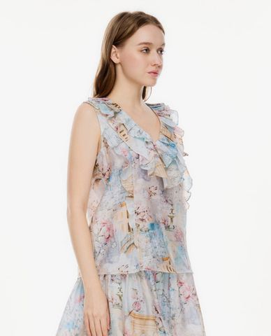  GIGI - Áo sát nách nữ cổ V phối bèo nhún in họa tiết 