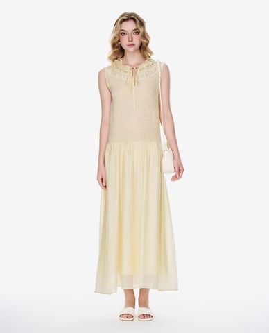  GIGI - Đầm sát nách midi cổ tròn phối bèo nhún 