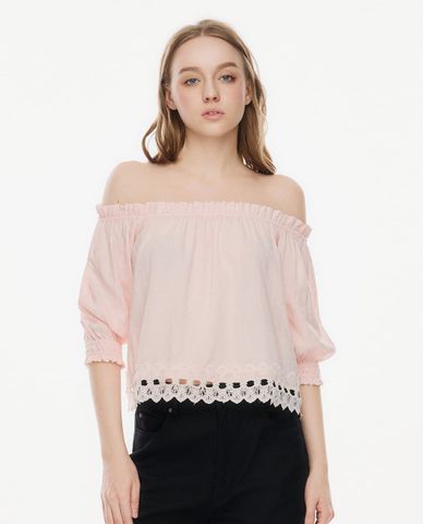  GIGI - Áo trễ vai nữ tay lửng viền ren lai bèo 