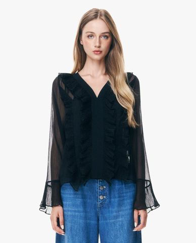  GIGI - Áo kiểu nữ cổ V tay ống loe phối bèo 