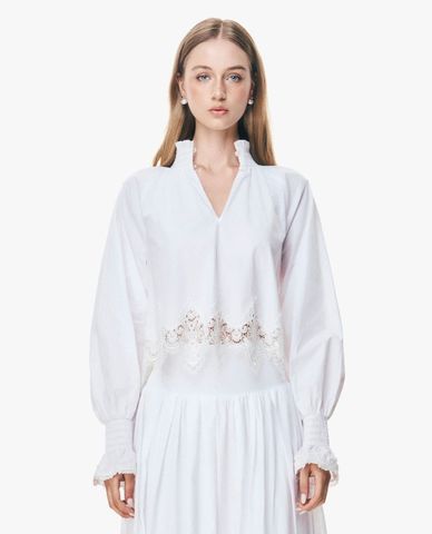  GIGI - Áo kiểu nữ cổ V tay phồng phối viền ren 