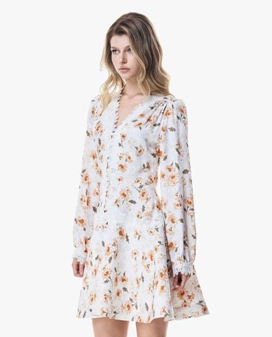  GIGI - Đầm mini cổ V tay phồng in hoa phối ren 
