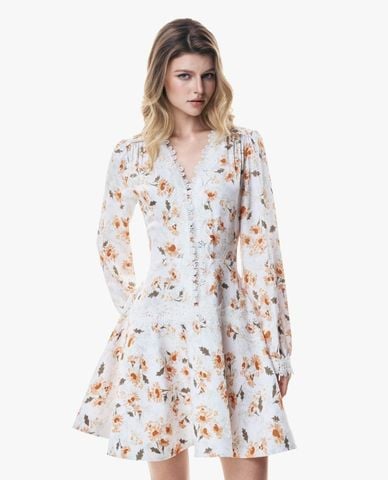  GIGI - Đầm mini cổ V tay phồng in hoa phối ren 