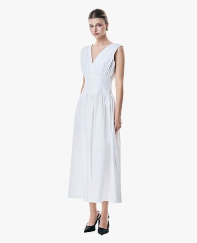  GIGI - Đầm sát nách midi cổ V xếp li chiết eo 
