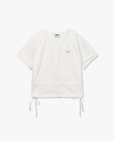  FILA - Áo kiểu nữ cổ tròn tay ngắn phối dây rút 
