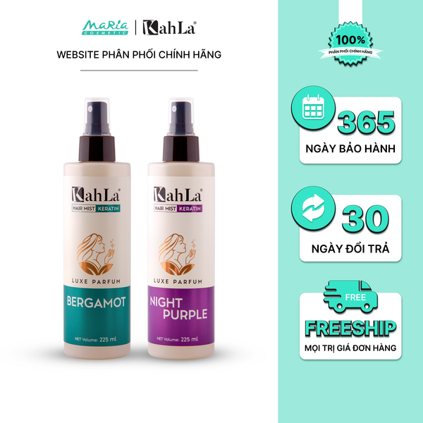 Combo Xịt dưỡng tóc KahLa Keratin thơm tóc, dưỡng ẩm Bergamot & Night Purple 225ml