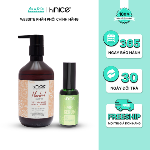 Combo hiNICE làm dịu và phục hồi - Combo Dầu gội Tinh dầu Thảo dược + Serum Tinh dầu Bưởi (Dầu gội 435g + Serum 50ml)