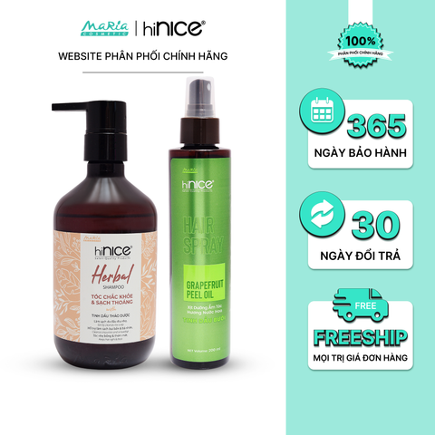 Combo hiNICE làm dịu và cấp ẩm - Combo Dầu gội Tinh dầu Thảo dược + Xịt Tinh dầu Bưởi (Dầu gội 435g + Xịt 200ml)