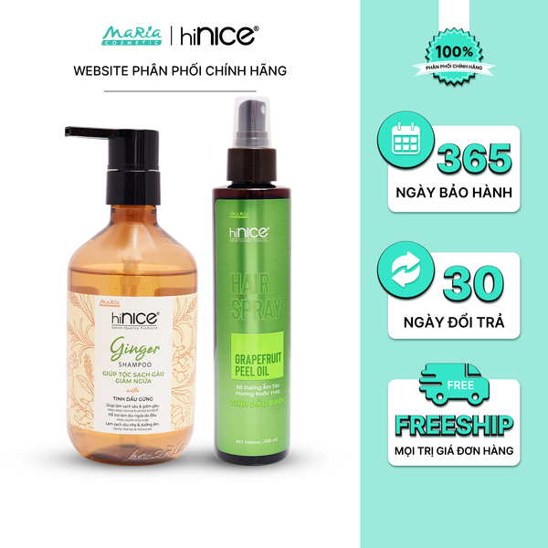 Combo hiNICE sạch gàu và cấp ẩm - Combo Dầu gội Tinh dầu Gừng + Xịt Tinh dầu Bưởi (Dầu gội 435g + Xịt 200ml)