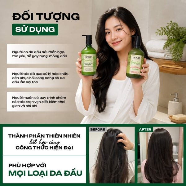 Combo hiNICE giảm rụng và suôn mượt - Combo Dầu gội + Kem xả Tinh dầu Bưởi (Dầu gội 435g + Kem xả 400g)