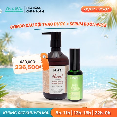Combo hiNICE làm dịu và phục hồi - Combo Dầu gội Tinh dầu Thảo dược + Serum Tinh dầu Bưởi (Dầu gội 435g + Serum 50ml)