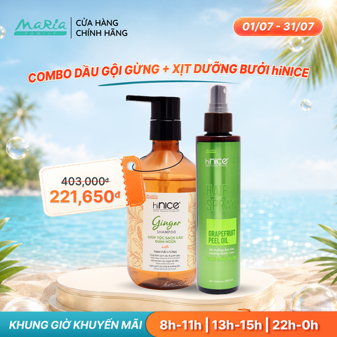 Combo hiNICE sạch gàu và cấp ẩm - Combo Dầu gội Tinh dầu Gừng + Xịt Tinh dầu Bưởi (Dầu gội 435g + Xịt 200ml)