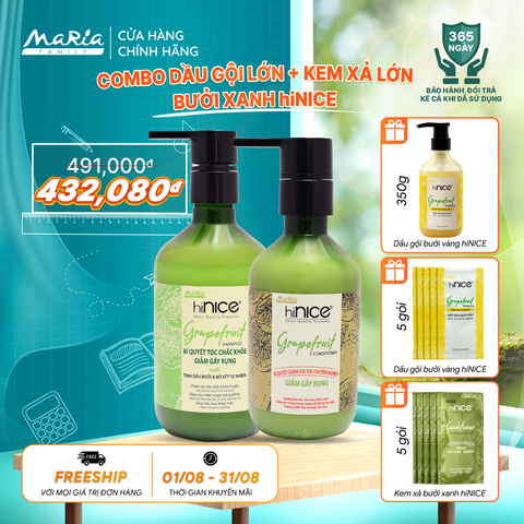 Combo hiNICE giảm rụng và suôn mượt - Combo Dầu gội + Kem xả Tinh dầu Bưởi (Dầu gội 435g + Kem xả 400g)