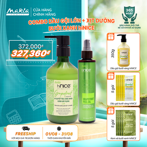 Combo hiNICE giảm rụng và cấp ẩm - Combo Dầu gội + Xịt dưỡng tóc Tinh dầu Bưởi (Dầu gội 435g + Xịt 200ml)