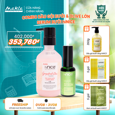 Combo hiNICE sạch dầu và phục hồi - Combo Dầu gội Tinh dầu Bưởi & Olive + Serum Tinh dầu Bưởi (Dầu gội 435g + Serum 50ml)