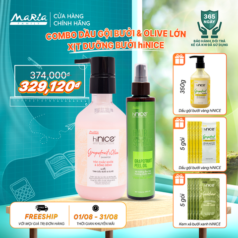 Combo hiNICE sạch dầu và cấp ẩm - Combo Dầu gội Tinh dầu Bưởi & Olive + Xịt Tinh dầu Bưởi (Dầu gội 435g + Xịt 200ml)