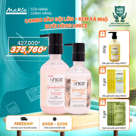 Combo hiNICE sạch dầu và suôn mượt - Combo Dầu gội + Kem xả Tinh dầu Bưởi & Olive (Dầu gội 435g + Kem xả 250g)