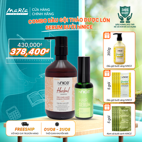 Combo hiNICE làm dịu và phục hồi - Combo Dầu gội Tinh dầu Thảo dược + Serum Tinh dầu Bưởi (Dầu gội 435g + Serum 50ml)