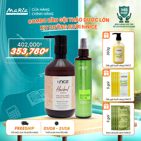 Combo hiNICE làm dịu và cấp ẩm - Combo Dầu gội Tinh dầu Thảo dược + Xịt Tinh dầu Bưởi (Dầu gội 435g + Xịt 200ml)