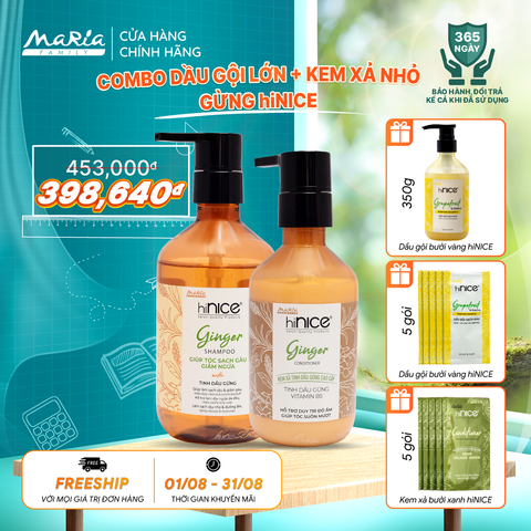 Combo hiNICE sạch gàu và suôn mượt - Combo Dầu gội + Kem xả Tinh dầu Gừng (Dầu gội 435g + Kem xả 250g)