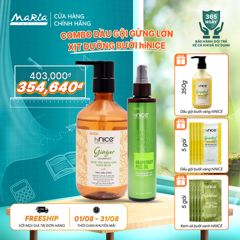Combo hiNICE sạch gàu và cấp ẩm - Combo Dầu gội Tinh dầu Gừng + Xịt Tinh dầu Bưởi (Dầu gội 435g + Xịt 200ml)