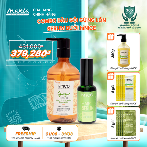 Combo hiNICE sạch gàu và phục hồi - Combo Dầu gội Tinh dầu Gừng + Serum Tinh dầu Bưởi (Dầu gội 435g + Serum 50ml)
