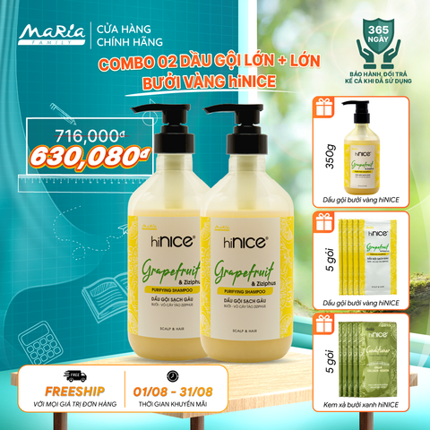 Combo dầu gội hiNICE sạch gàu - Dầu gội Tinh dầu Bưởi và Vỏ cây táo Ziziphus (Dầu gội 650g + Dầu gội 650g)