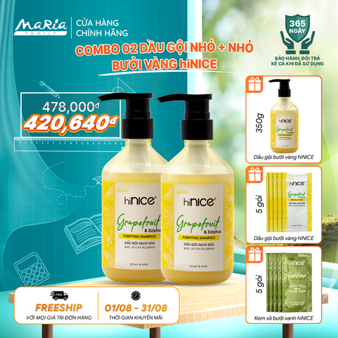 Combo dầu gội hiNICE sạch gàu - Dầu gội Tinh dầu Bưởi và Vỏ cây táo Ziziphus (Dầu gội 350g + Dầu gội 350g)