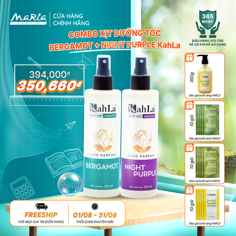 Combo Xịt dưỡng tóc KahLa Keratin thơm tóc, dưỡng ẩm Bergamot & Night Purple 225ml