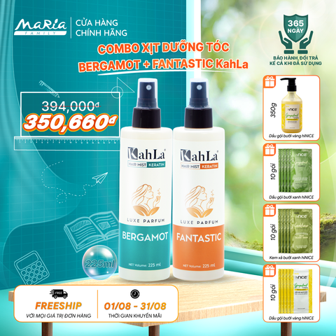 Combo Xịt dưỡng tóc KahLa Keratin thơm tóc, dưỡng ẩm Bergamot & Fantastic 225ml