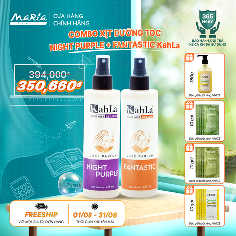 Combo Xịt dưỡng tóc KahLa Keratin thơm tóc, dưỡng ẩm Night Purple & Fantastic 225ml