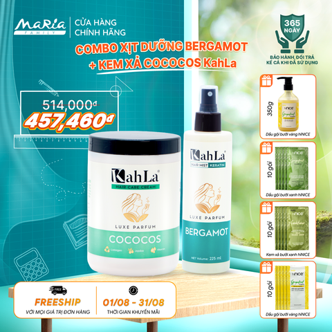 Combo KahLa Xịt dưỡng tóc Keratin Bergamot & Kem xả Cococos