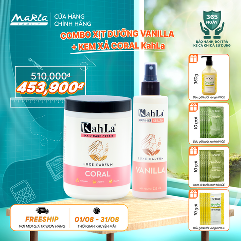 Combo KahLa Xịt dưỡng tóc Keratin Vanilla & Kem xả Coral