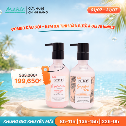 Combo hiNICE sạch dầu và suôn mượt - Combo Dầu gội + Kem xả Tinh dầu Bưởi & Olive (Dầu gội 260g + Kem xả 250g)